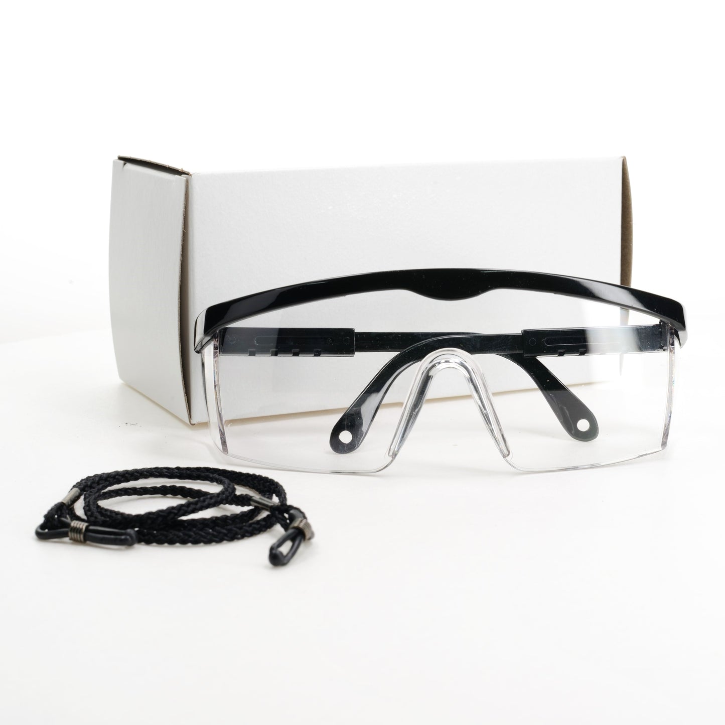 Safety Glasses displayed with box and neck cord