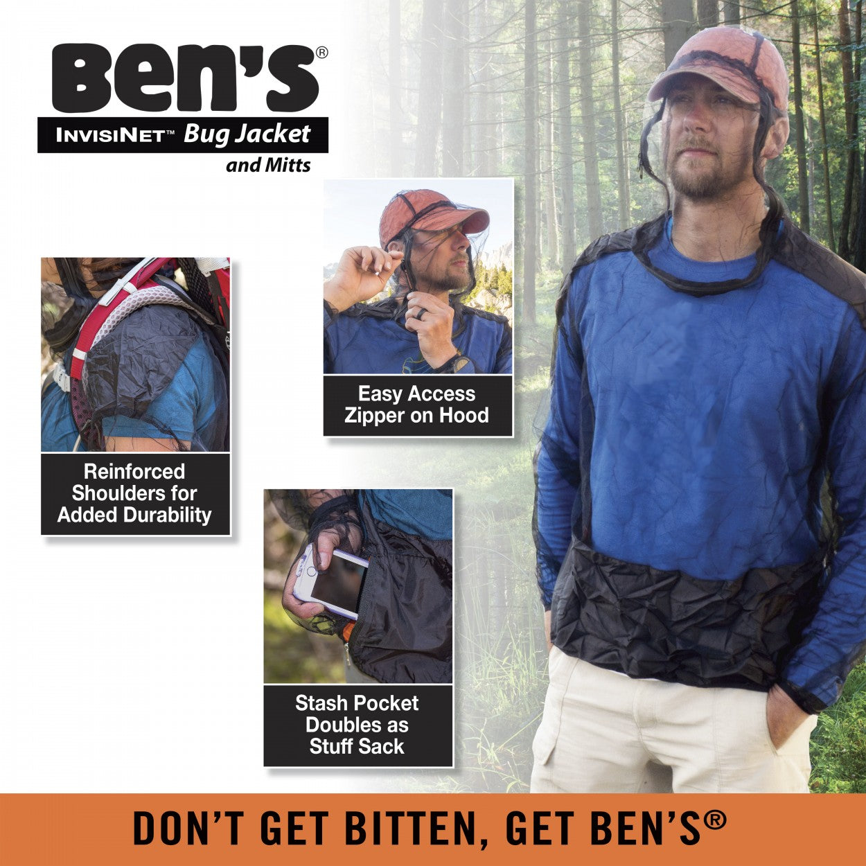 Bens invisinet bug jacket shown being worn by outdoor person